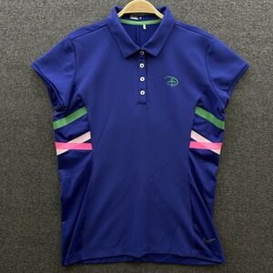 Nike‎ Disney Top Womens Large Blue Green D Logo Polo Shirt Dri Fit Performance